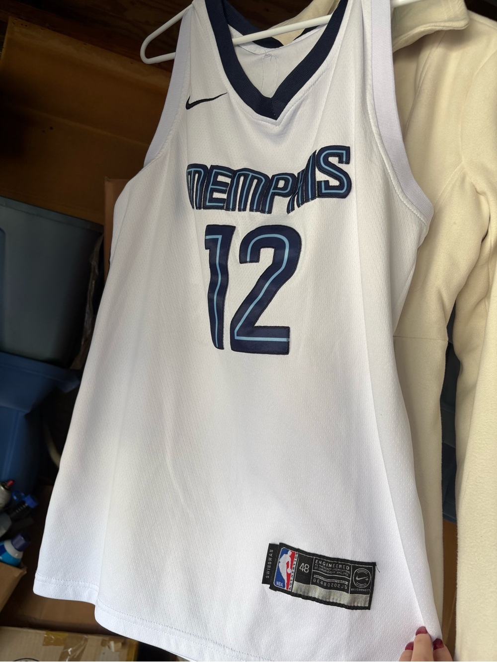 Nike White Memphis #12 Basketball Jersey with Navy Accents - morant